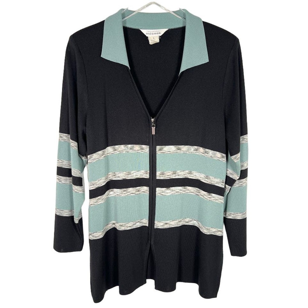 Misook Women's Full Zip Cardigan L Black Green Collared Long Sleeve Knit Cozy